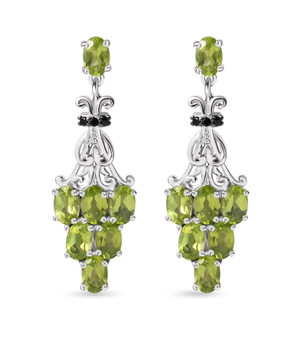 peridot and black spinel dangle earrings in rhodium over sterling silver