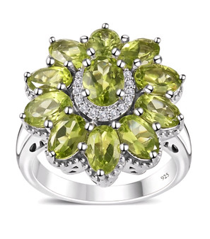 peridot and white zircon halo ring in rhodium over sterling silver