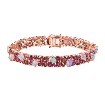 ethiopian opal and rhodolite garnet tennis bracelet in 18k rose gold over sterling silver