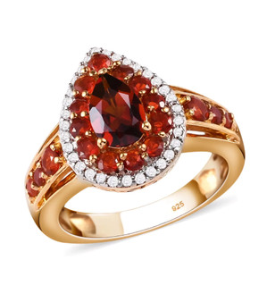 madeira citrine fire opal and white zircon pear halo ring in 18k yellow gold over sterling silver