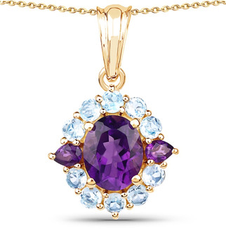 amethyst and sky blue topaz halo pendant necklace in 14k yellow gold over sterling silver