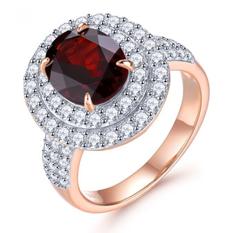 garnet and white zircon double halo ring in 18k rose gold over sterling silver