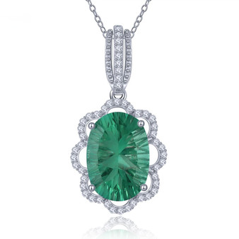green fluorite and white zircon halo pendant necklace in rhodium over sterling silver