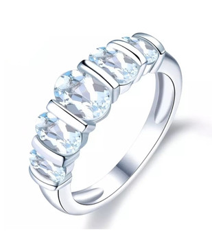 aquamarine oval band ring in rhodium over sterling silver