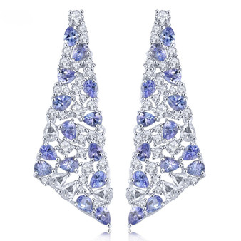 tanzanite and white zircon dangle earrings in rhodium over sterling silver