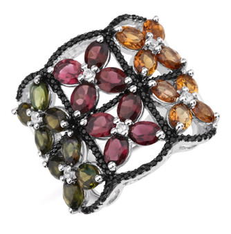 multi tourmaline and black spinel openwork floral cluster ring in rhodium over sterling silver