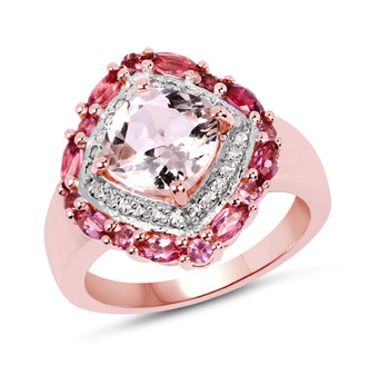 morganite and white topaz pink tourmaline halo ring in 14k rose gold over sterling silver
