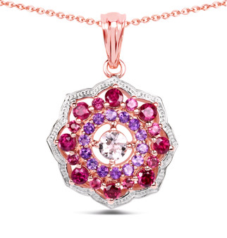 morganite rhodolite and amethyst double halo pendant necklace in 14k rose gold over sterling silver
