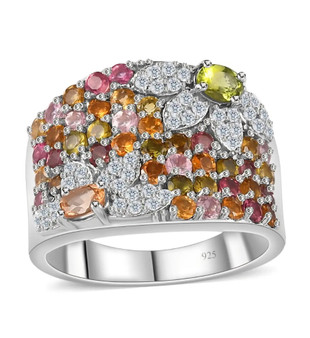 multi color tourmaline and moissanite flower cluster wide band ring in rhodium over sterling silver