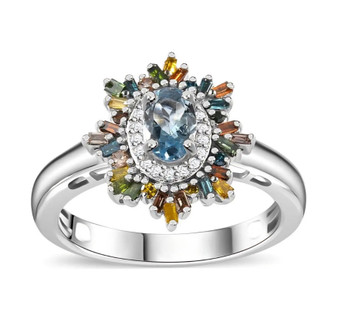 aquamarine and multi color diamond halo ring in rhodium over sterling silver