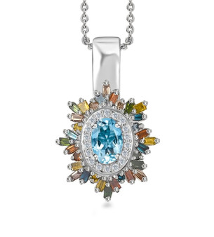 aquamarine and multi color diamond halo pendant necklace in rhodium over sterling silver