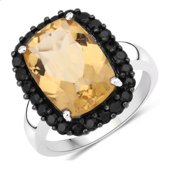 front view of citrine and black sapphire cushion halo ring in rhodium over sterling silver