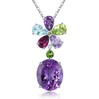 amethyst multi gemstone pendant necklace in rhodium over sterling silver