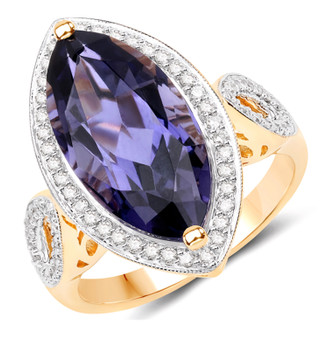 Iolite and diamond 14k yellow gold marquise halo ring front