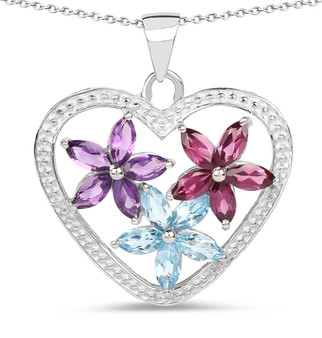 amethyst and blue topaz rhodolite flower cluster heart pendant necklace in rhodium over sterling silver