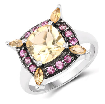 citrine and rhodolite garnet halo ring in black and white rhodium over sterling silver