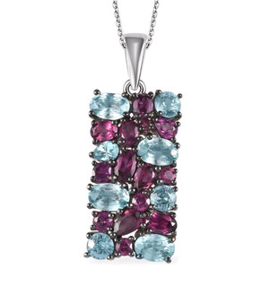 rhodolite garnet and blue zircon cluster pendant necklace in rhodium over sterling silver