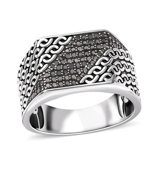 front view of black diamond chain link gents ring in black and white rhodium over sterling silver