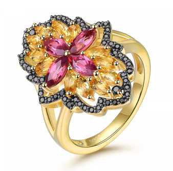 rhodolite garnet citrine and black spinel cluster ring in yellow gold over sterling silver