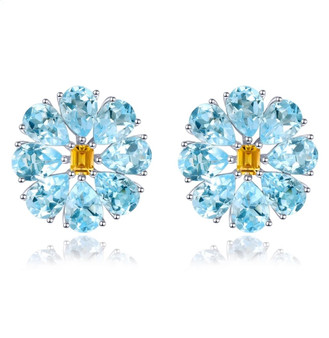sky blue topaz and citrine halo stud earrings in rhodium over sterling silver