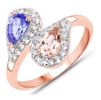 tanzanite morganite and white topaz bypass ring in 14k rose gold over sterling silver
