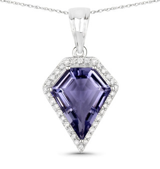 Iolite and diamond kite halo pendant necklace in 14k white gold front