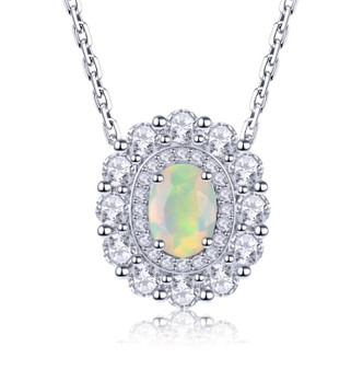 ethiopian opal and white zircon double halo necklace in rhodium over sterling silver