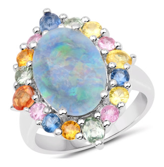 australian opal doublet and multi color sapphire halo ring in rhodium over sterling silver