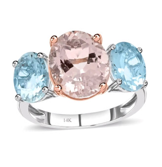 morganite and aquamarine three stone ring in 14k rose and white gold