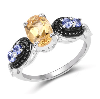 citrine and tanzanite ring in black and white rhodium over sterling silver
