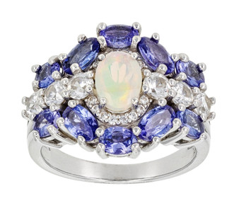 ethiopian opal tanzanite and white zircon cluster halo ring in rhodium over sterling silver