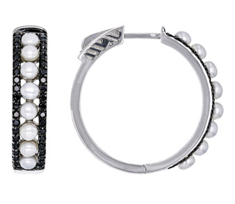 freshwater pearl and black spinel hoop earrings in black and white rhodium over sterling silver