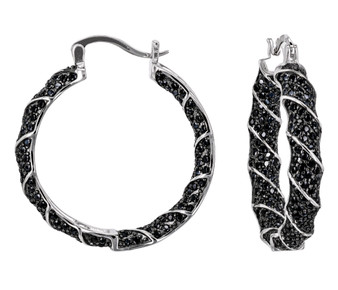 black spinel hoop earrings in black and white rhodium plating
