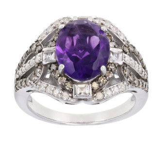 front view of amethyst champagne and white diamond ring in black and white rhodium over sterling silver