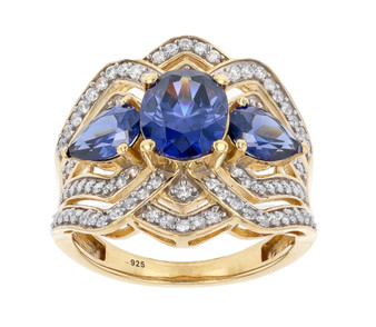 blue and white cubic zirconia statement ring in 18k yellow gold over sterling silver