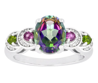 mystic topaz chrome diopside rhodolite garnet and zircon ring in rhodium over sterling silver