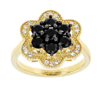 black spinel and zircon flower cluster ring in 18k yellow gold over sterling silver