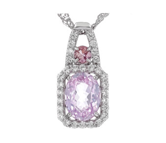 kunzite pink sapphire and zircon pendant necklace in rhodium over sterling silver