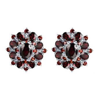 black garnet halo earrings in rhodium over sterling silver
