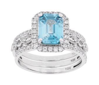 blue and white zircon three ring bridal set in 10k white gold