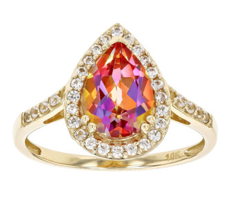 mystic quartz and white zircon pear halo ring in 10k yellow gold front