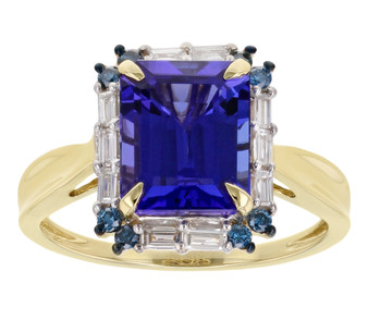 tanzanite blue and white diamond halo ring in 14k yellow gold