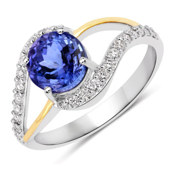open view of tanzanite and diamond open bypass ring in two-tone 14k white and yellow gold