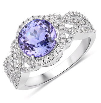 round tanzanite and white diamond ring in 14k white gold