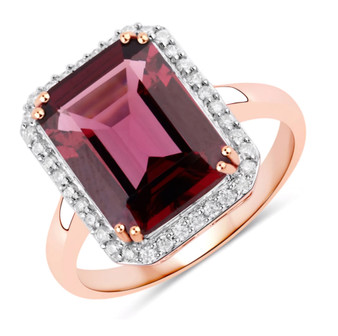 rhodolite garnet and diamond halo ring in 14k rose gold front