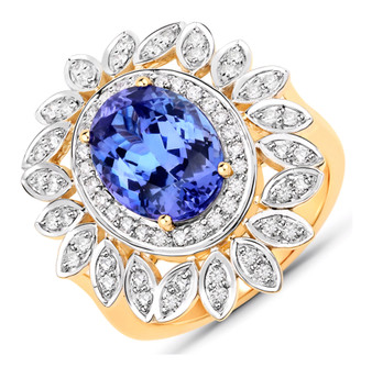 oval tanzanite and diamond double halo ring in 14k yellow gold