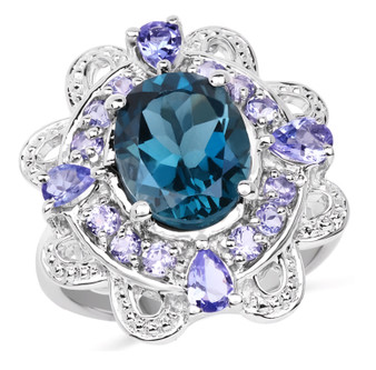london blue topaz and tanzanite halo statement ring in rhodium over sterling silver