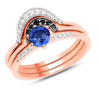 kyanite black spinel and white topaz three ring stack set in 18k rose gold over sterling silver