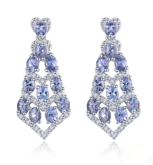 tanzanite and white zircon dangle earrings in rhodium over sterling silver