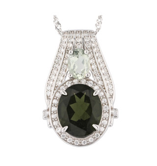 moldavite prasiolite and zircon pendant necklace in rhodium over sterling silver